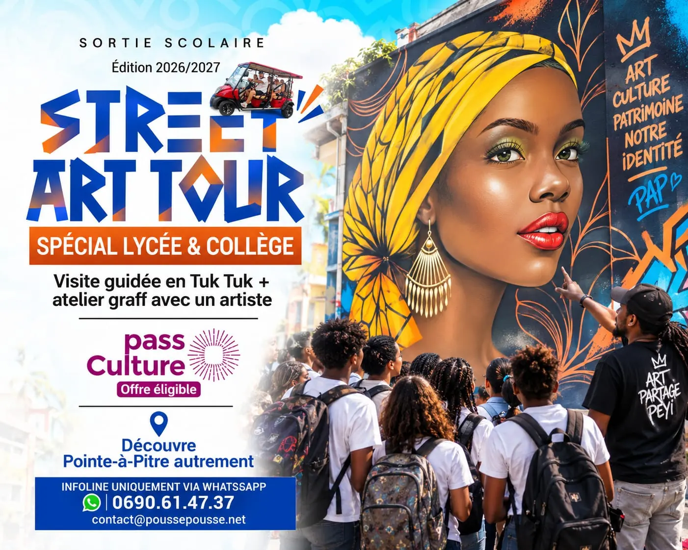 Street Art Tour poster for middle and high schools, 2026-2027 edition: guided tuk-tuk tour and graffiti workshop with an artist, eligible for the French pass Culture