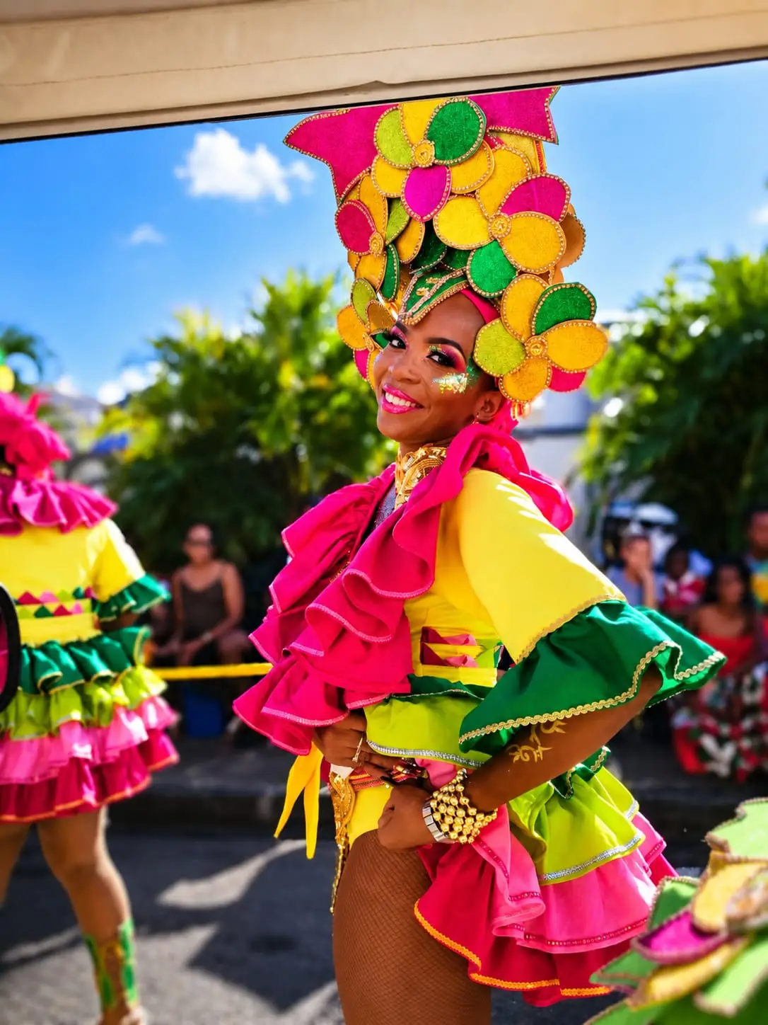 Guadeloupe carnival dancer in a yellow, green and pink costume