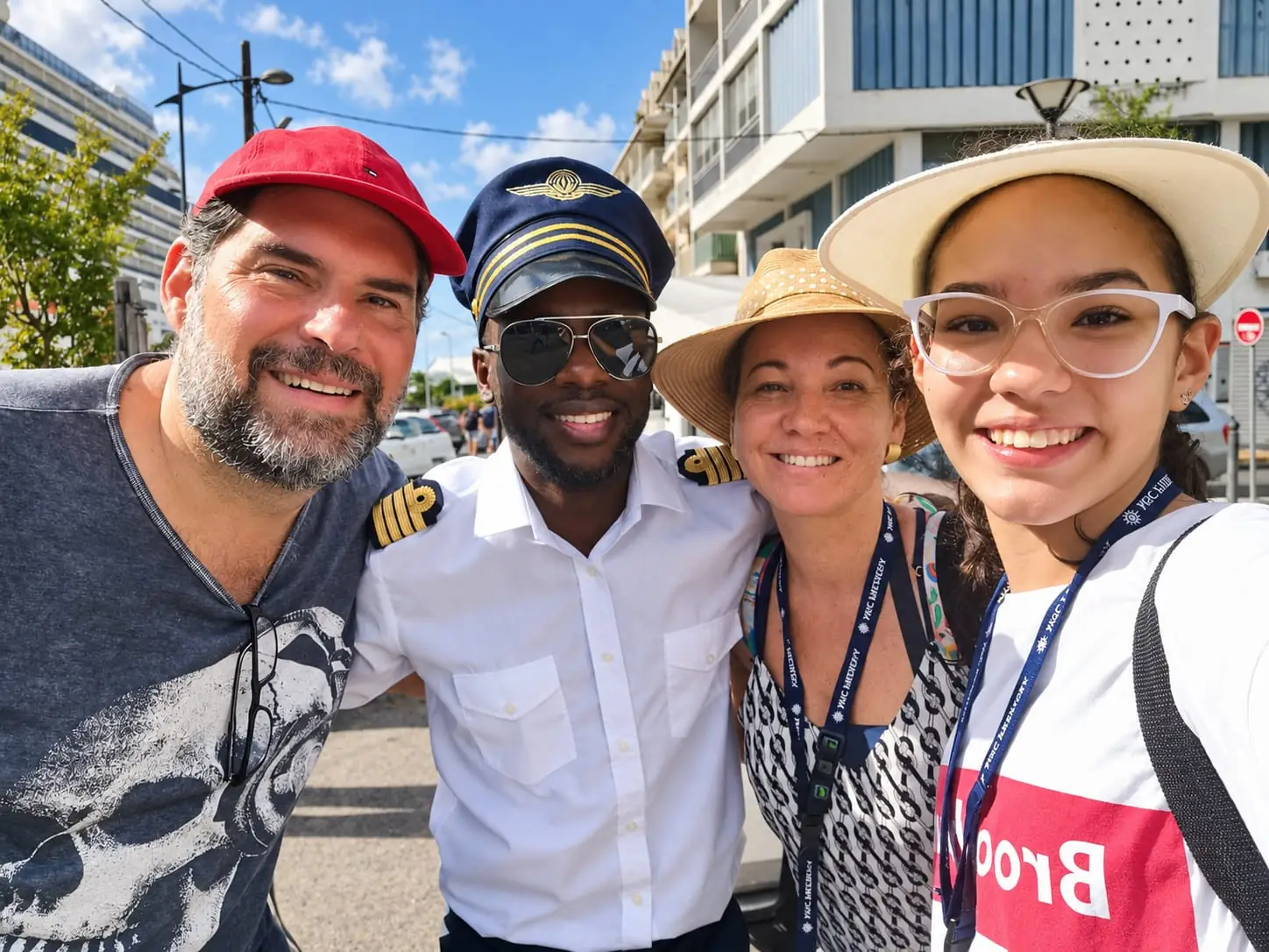 Smiling cruise passengers with a ship officer during their stopover in Pointe-à-Pitre