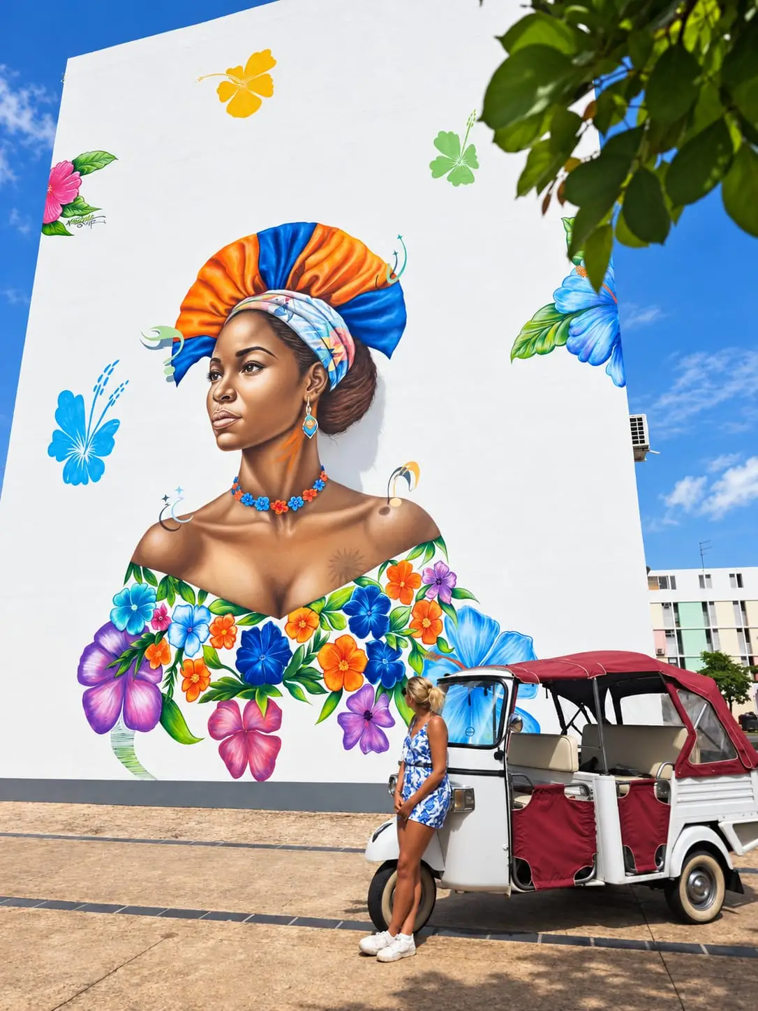 Mural of a woman wearing madras and flowers, with a Pousse Pousse tuk-tuk parked in front