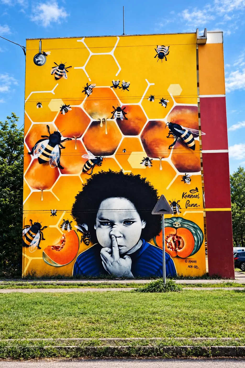 Beehive mural with bees and a child’s portrait, Pointe-à-Pitre