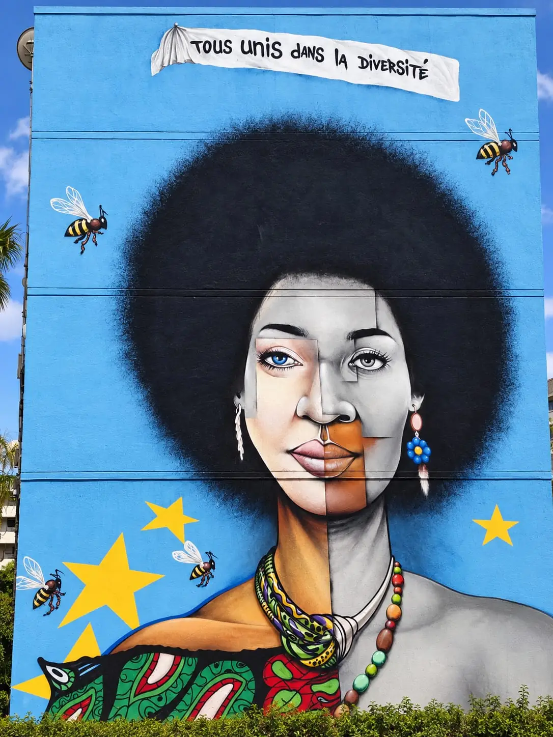 “Tous unis dans la diversité” (United in diversity) mural, portrait with an afro, Pointe-à-Pitre