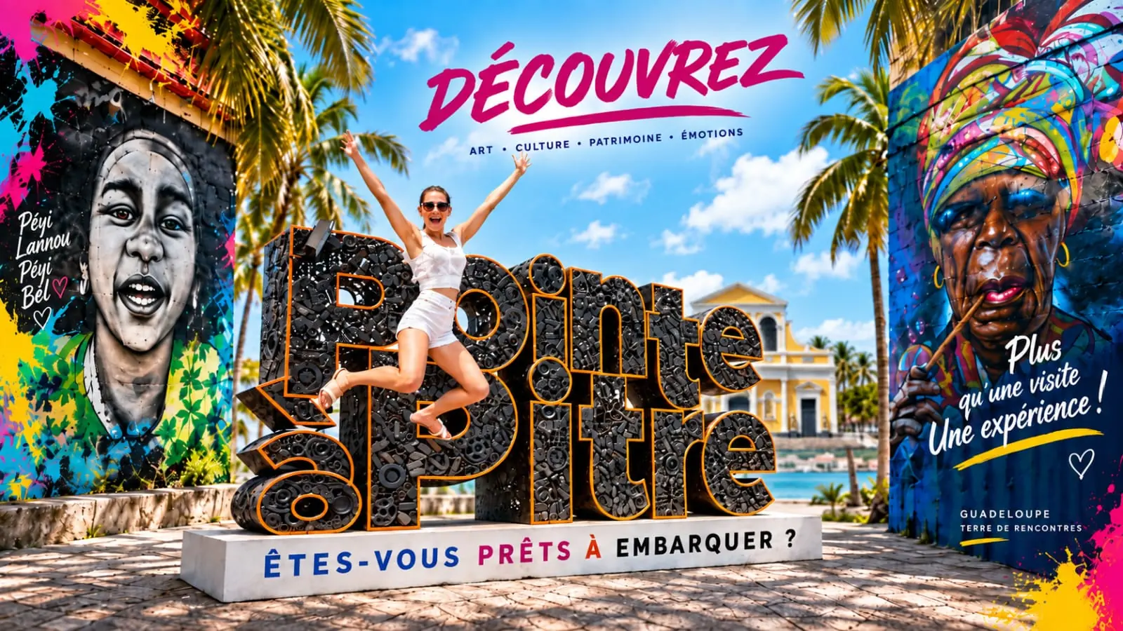Discover Pointe-à-Pitre: the Pointe-à-Pitre sculpture in front of the city murals — ready to hop on board?