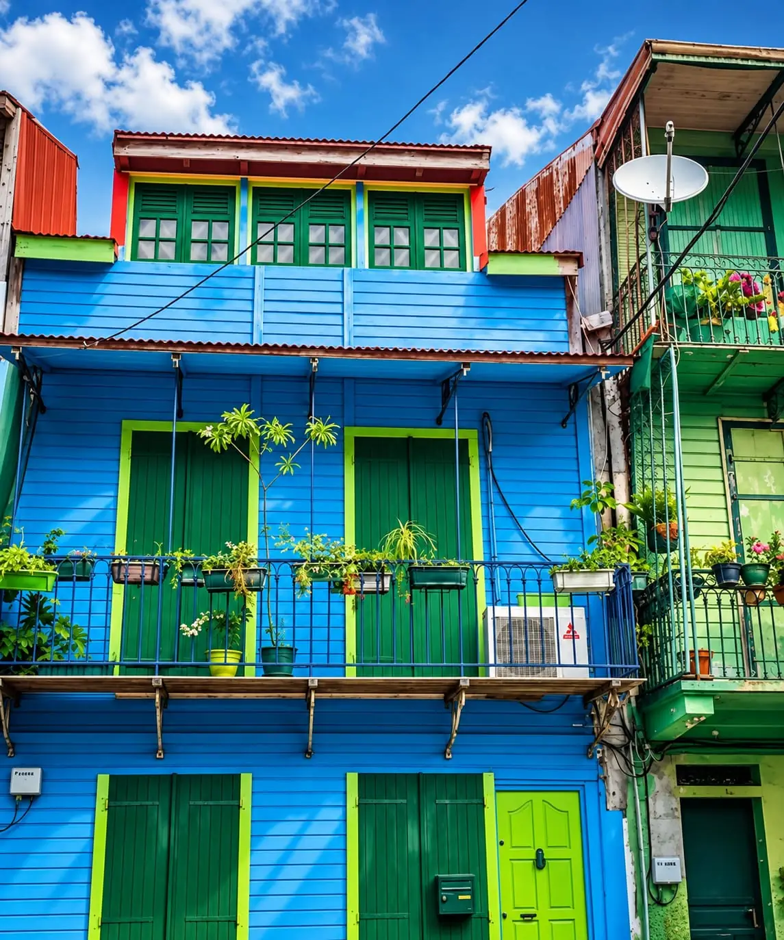 Blue and green Creole house with balconies in central Pointe-à-Pitre