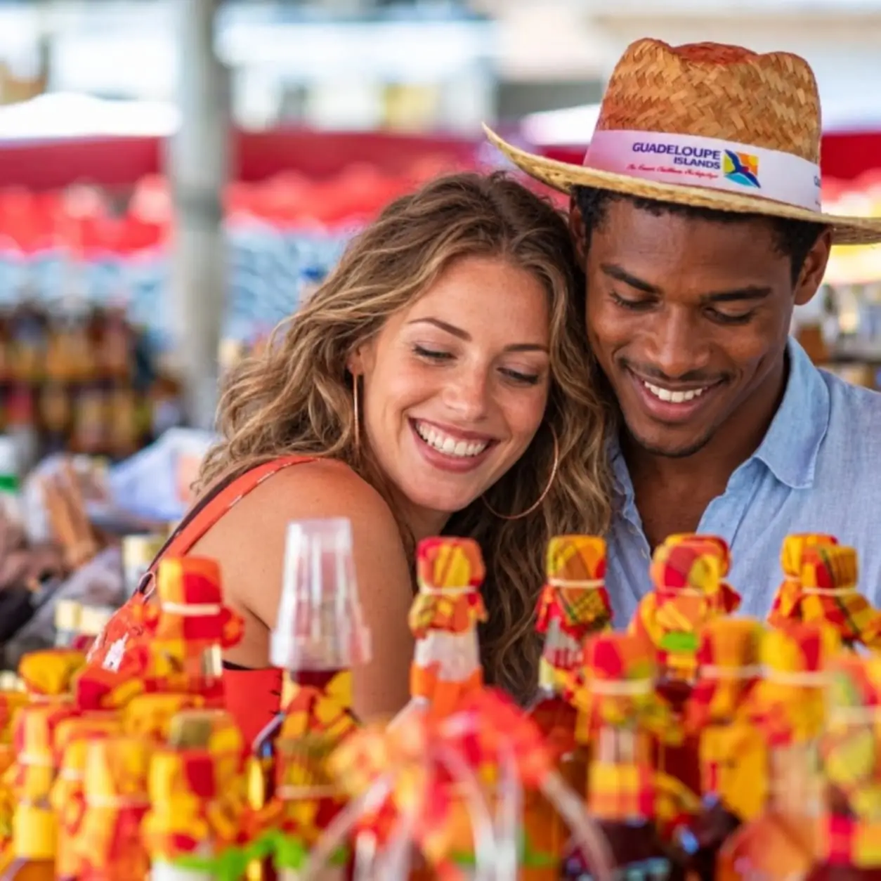 Smiling couple of visitors in front of rum punches at the market