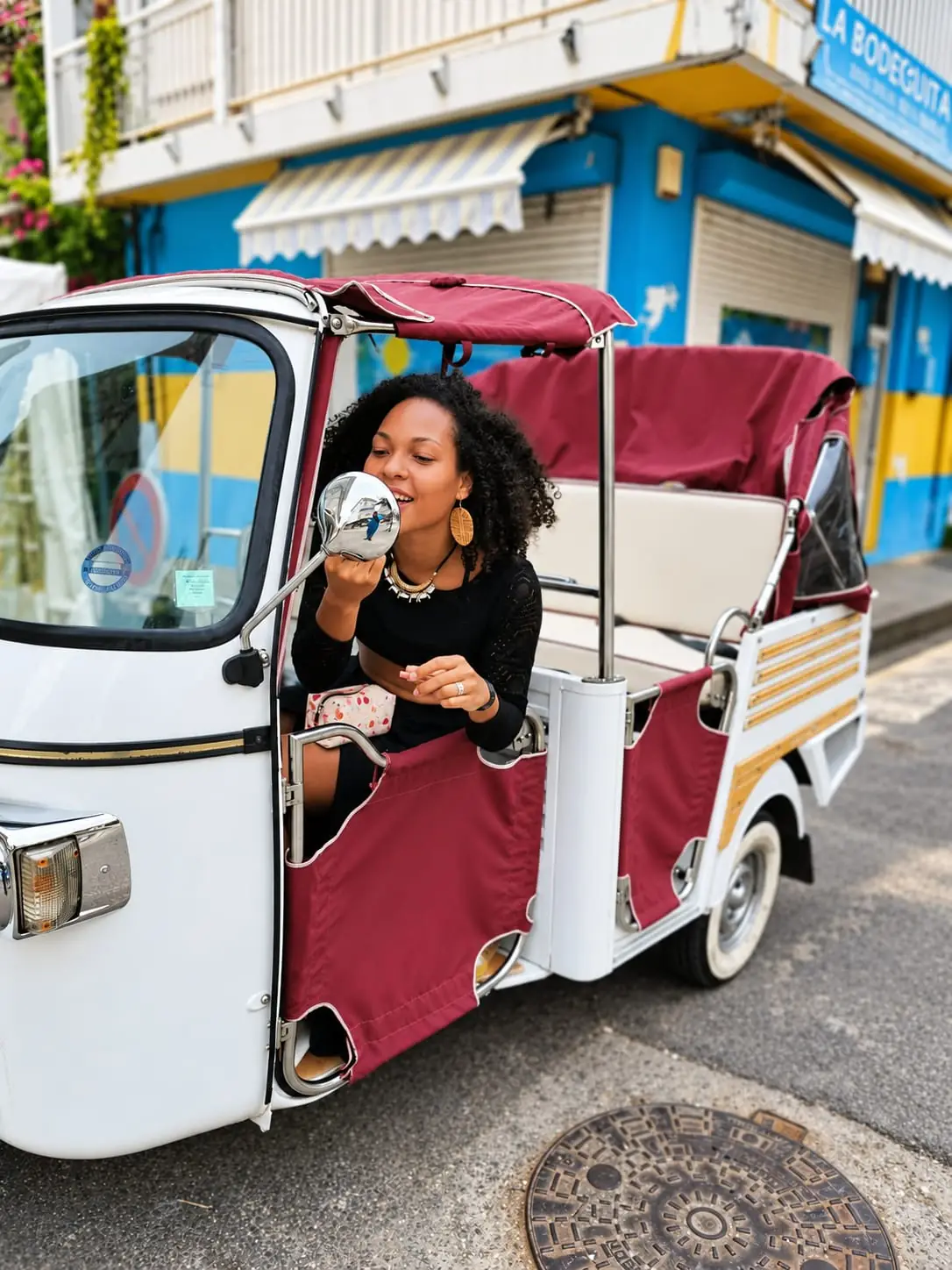 Smiling passenger on board the Pousse Pousse electric tuk-tuk